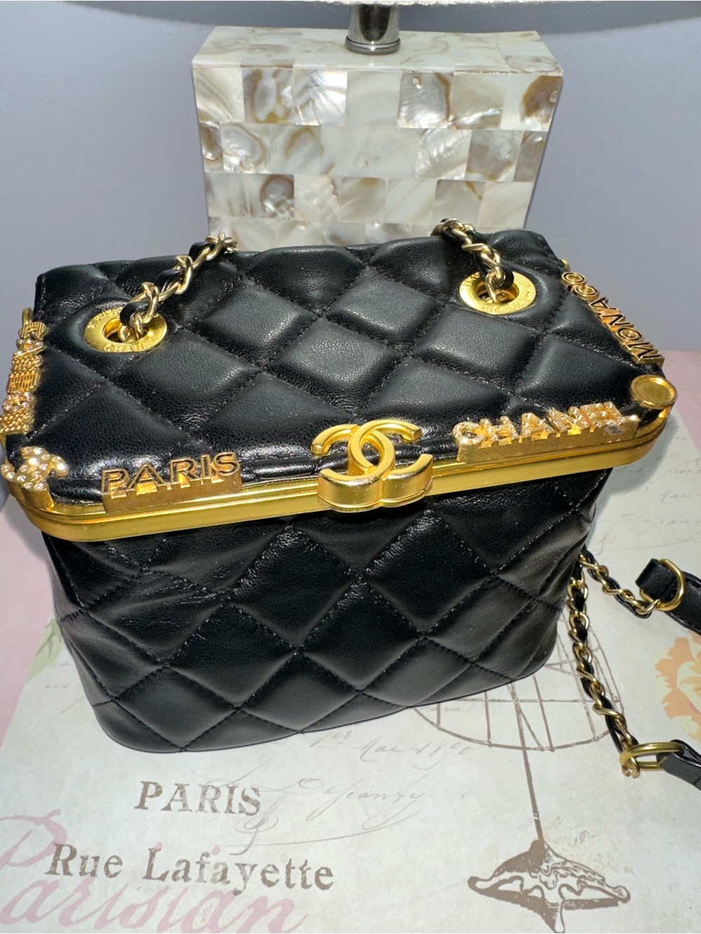 Source Unknown Black Quilted Mini Box Bag with Gold Hardware